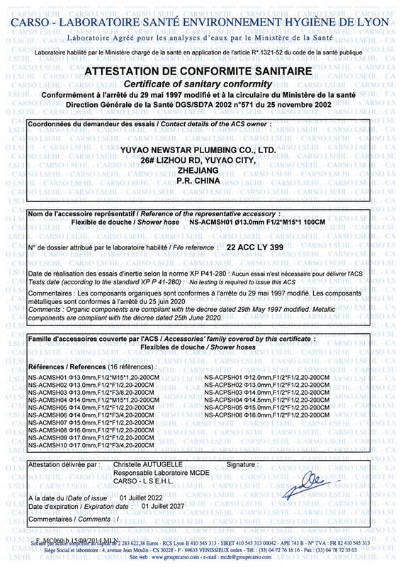Certificato ACS per tubo doccia in metallo